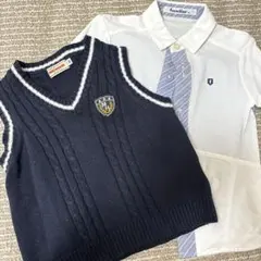 ミキハウス ネイビー Vネックベスト&ファミリアシャツ&ズボン(ゴムなし)