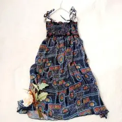 総柄キャミソールワンピース　М　紺　マルチカラー　ロング丈　大人可愛い　リゾート