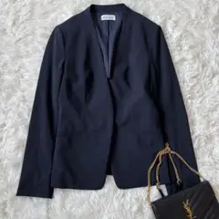 プラステ ノーカラージャケット ストレッチ ネイビー XS◆6485