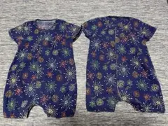 【美品】花火柄 半袖ロンパース ネイビー 60-70cm 2着セット