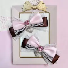 【バレンタイン】茶色 ブラウンピンクハート ヘアクリップ 量産型 地雷系 推し活