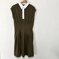 TMG ウエストタック ワンピース 上品 フレンチスリーブ ゴルフ カーキ
