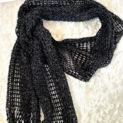 ラメ入りブラック透かし編みストール フリンジ付き