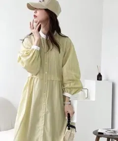 美品 クラシカルエルフ マルチストライプクレリックシャツワンピース M イエロー