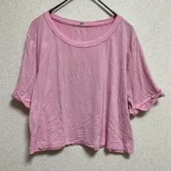 クロップド丈 無地 Ｔシャツ クルーネック 五分袖 Ｍ 桃 レーヨン ダンスのサムネイル