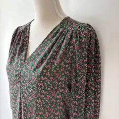 ビンテージ アメリカ製 小花柄ブラウス 7分袖 Vネック パフスリーブ デート服