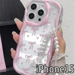 iPhone15ケース ウェーブ リボン ピンク かわいい 韓国