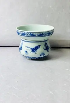 中国茶器　茶漉しセット•青花蝶々茶碗皿紅茶古董品台湾茶有田焼き