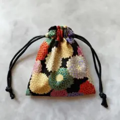 ミニ巾着袋　裏地つき　菊黒③