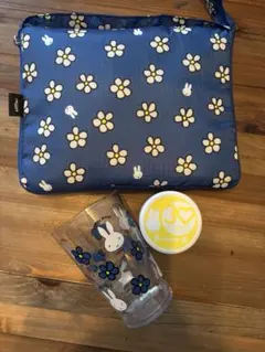 【新品、未使用】ミッフィー 花柄 ブルー 折りたたみエコバッグ、コップ、缶