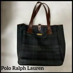 トートバッグ　本革レザー　ポロラルフローレン　グリーン　チェック　大きめ大容量