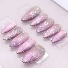 【420】ネイルチップMサイズ ピンクラメ　ホログラム 華やか マグネット