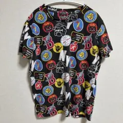 ルートゥエンティワン Tシャツ クルーネック 半袖 総柄 XS 黒 綿 イベント