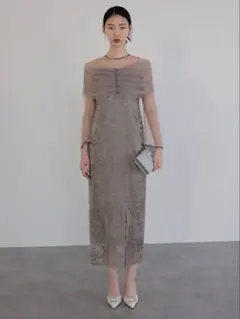 チュールオフショルダー花柄Iラインワンピースドレス結婚式二次会パーティー成人式