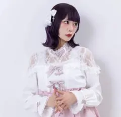 い*様 夢展望 レースオフショルデザイン風ブラウス ホワイト ピンクのサムネイル