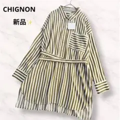 新品✨シニヨン シャツワンピース ストライプ ベルト スリット 洗える ゆったりのサムネイル