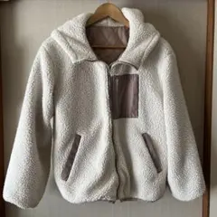 ホワイト フード付きフリースジャケット Lサイズ