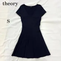 セオリー ニットワンピース S 紺 ストレッチ ウール 膝丈 フレア Vネック