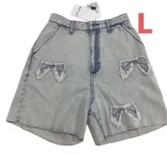 ［未使用］ レディース　デニムショートパンツ　ダメージ加工　Lサイズ