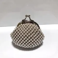 ハンドメイド パール調 ビーズ がま口 ポーチ(ラテベージュ)