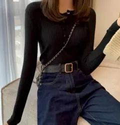 トップス リブ編み Vネック風 ヘンリーネック ニット