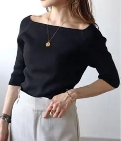 ボンジュールサガン　スクエアネック五分袖リブニット　ブラック　○