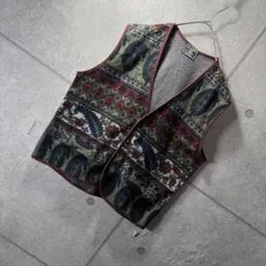 古着 薄手フリースベスト ペイズリー メタルボタン