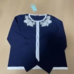 刺繍パール装飾 ネイビー長袖カーディガン M