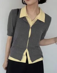SHEIN 半袖ニット 配色 グレー L