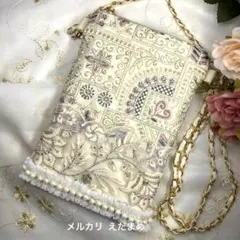 スマホショルダー スマホポシェット サコッシュ インド刺繍生地 ミルククリーム