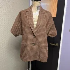 CPCM チェック柄 半袖テーラードジャケット ブラウン フリーサイズ