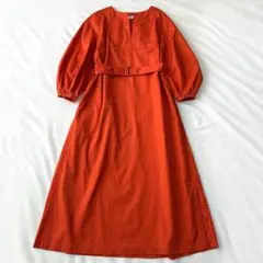 Ballsey 　サテンワンピース　キーネック　ベルト付　オレンジ系　ロング