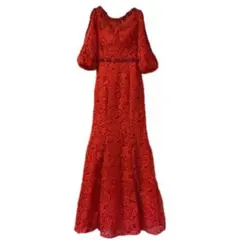 【美品】総レース マーメイド ロングドレス 赤 ビジュー 編み上げ 演奏会