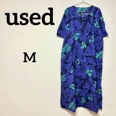リーフ柄ロングワンピース 半袖 総柄 コットン 日本製 M