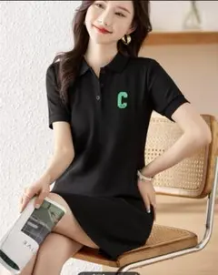 【大人気】ポロワンピース Aライン 膝丈 半袖 黒 ワンポイントロゴ 上品