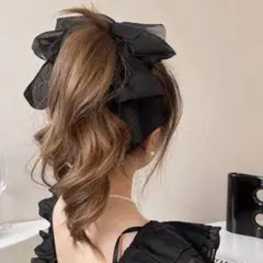 リボンバレッタ　ビッグリボン　ヘアピン　シフォン　ブラック　黒ヘアアクセサリー