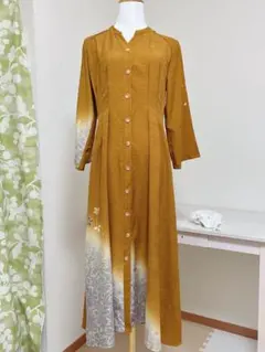 正絹通勤ワンピース　長袖　ぼかし染め　螺鈿加工　着物リメイクドレス