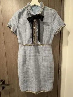 Dazzy ボウタイ付きツイード風ドレス ライトブルー M