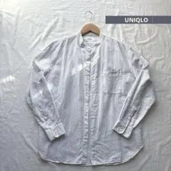 美品　UNIQLO ユニクロ　麻　リネンコットンスタンドカラーストライプシャツ