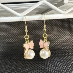 リボンとパールのフックピアス金具ステンレス