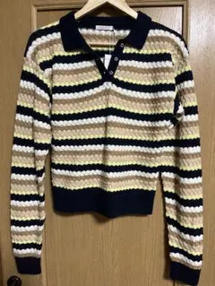 atmos pink 開襟ボーダーニット NAVYストライプポロセーター 長袖