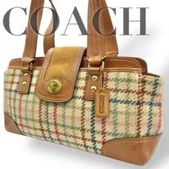 美品　コーチ　トートバッグ　肩掛け　チャーム　ロゴ　ターンロック　チェック