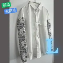 韓国 ペイズリー柄 長袖 オーバーサイズ シャツ メンズ ホワイト L