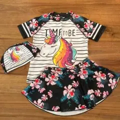 140㎝ キッズ子供用水着 半袖ラッシュガード ユニコーン 黒 ブラック