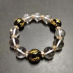 ✨金属アレルギー対応✨天然石ブレスレット☆六字真言金彫オニキス＆天然水晶014