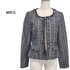 ブラック ホワイト ツイード ノーカラージャケット きれいめ 上品