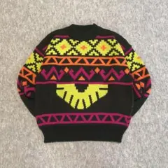 VINTAGE ニット セーター ブラック マルチカラー 総柄 レディース L