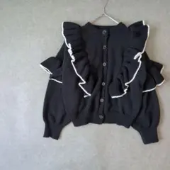 バイカラーフリルニットカーディガン ブラック　ホワイト　ボリュームスリーブ