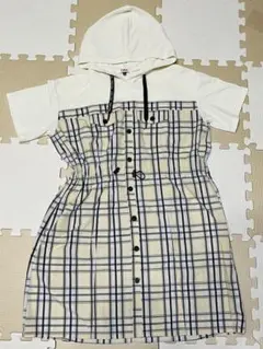 ピンクラテ フード付き 切替 チェックシャツ ワンピース 165 M