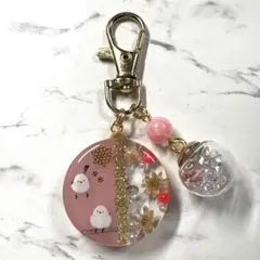 Ha.126 レジン シマエナガ キーホルダー フラワー ピンク 雪の結晶